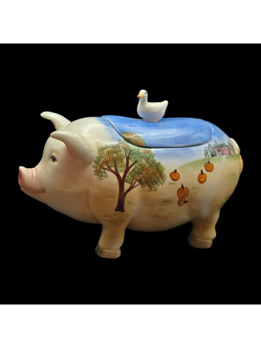 WCL Hand-Painted Pig & Duck Ceramic Cookie Jar With Pumpkin Farm Design